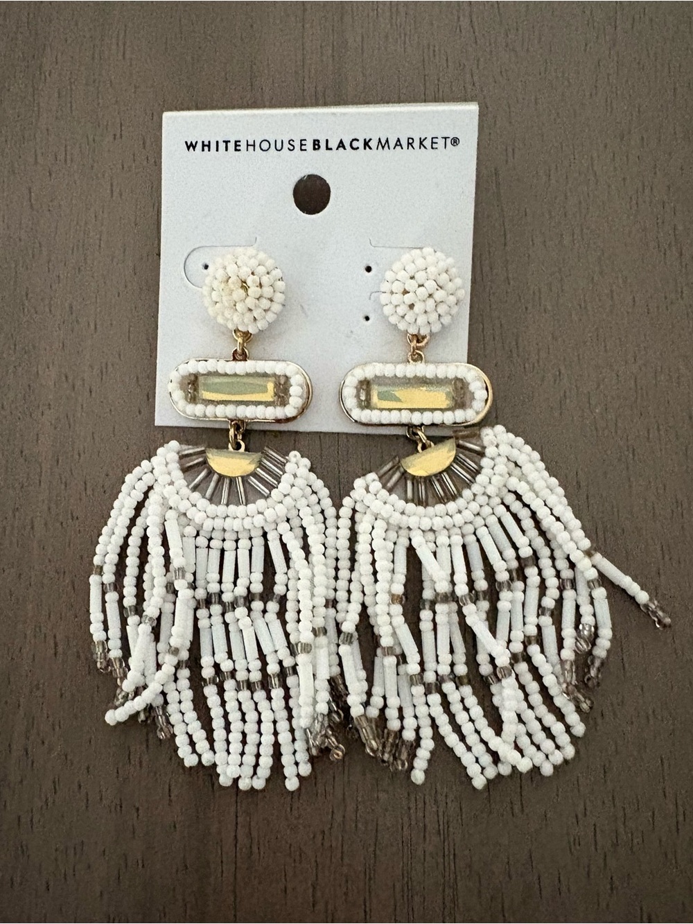 White Beaded Fringe Drop Chandelier Earrings by White House Black Market